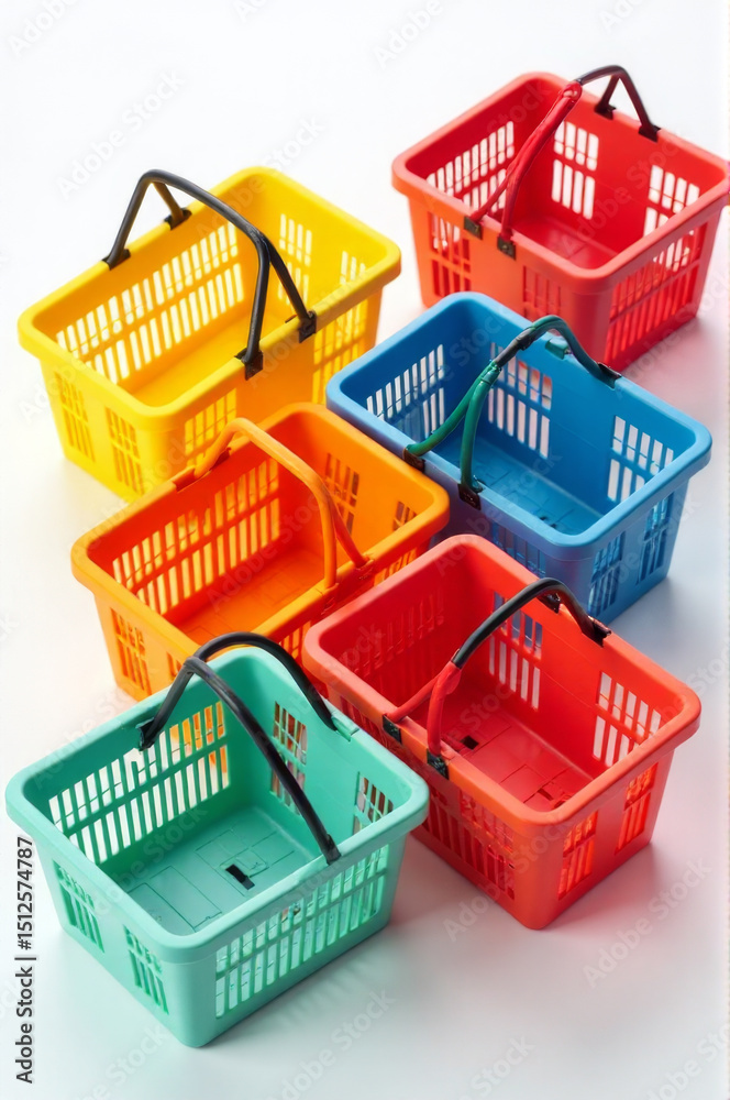 Poster a collection of vibrant shopping baskets placed on a clean white surface, ideal for use in lifestyle
