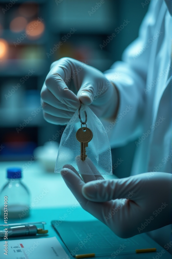 Poster Lab worker holding a bag of keys, ready for work or experimentation