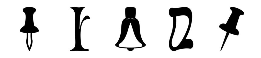 Stylized Black and White Icons of Pushpins, Letters, and a Bell