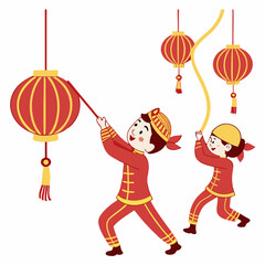Two children in traditional chinese clothing hanging red lanterns for chinese new year celebration day