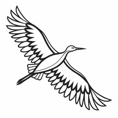 Illustration of a stylized crane in flight with outstretched wings in a black and white drawing style