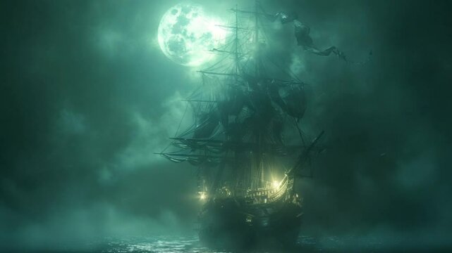 ghost pirate ship emerges from dense sea fog