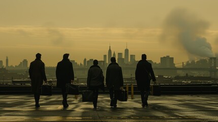 Investors depart wall street at dawn, briefcases in hand, heading towards a distant european skyline