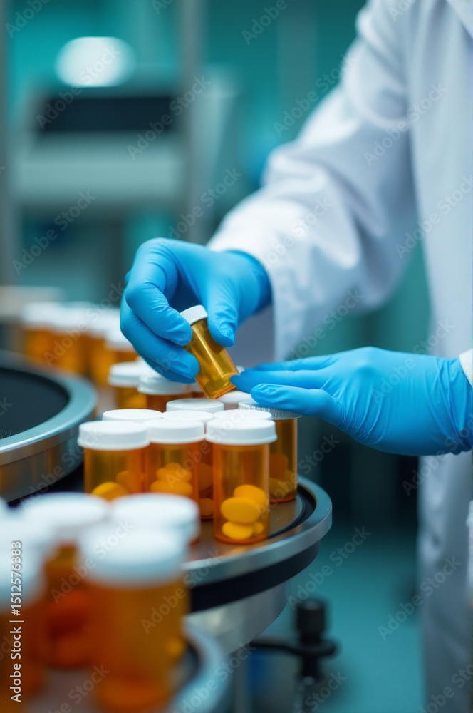 Poster a scientist wearing a lab coat and blue gloves works in a laboratory setting