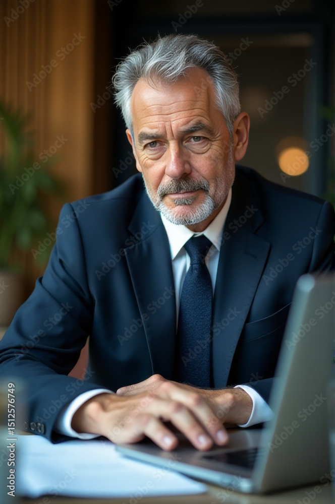 Poster man in suit using laptop at desk