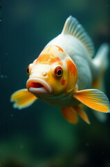 A fish swimming in a tank with decorative rocks and plants