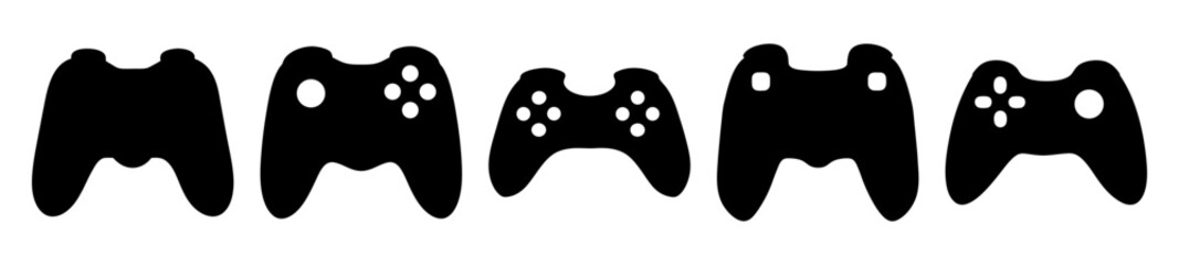 Collection of Various Game Controller Silhouettes in a Row on White Background