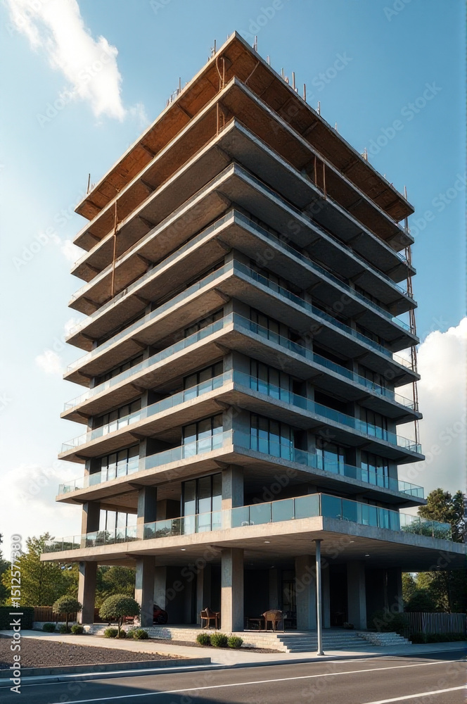Poster A tall building situated on the side of a road, suitable for use as an architectural background or urban landscape element