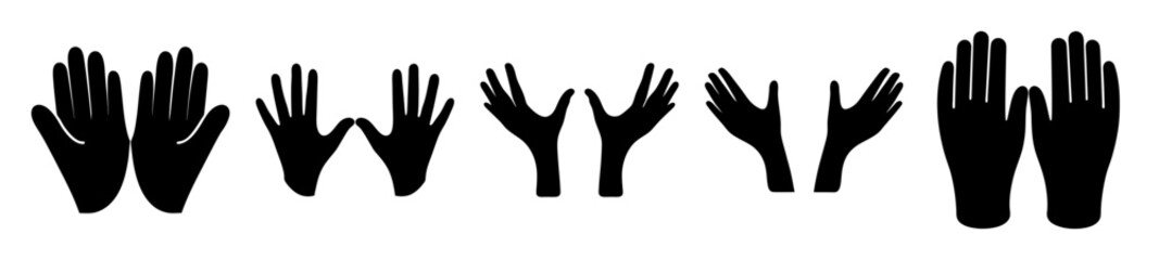 An illustrative collection of multiple diverse hand silhouettes in black on white background