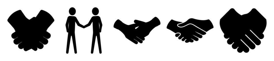 Various stylized black and white handshake silhouettes and stick figures illustration