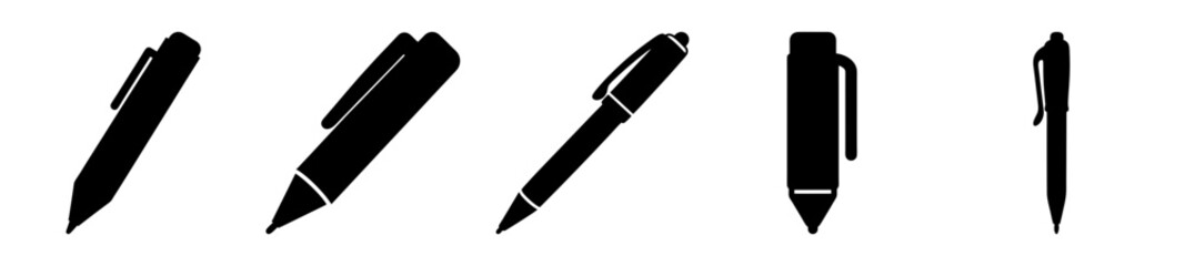 Diverse collection of pen silhouettes showcasing various styles and designs on white background