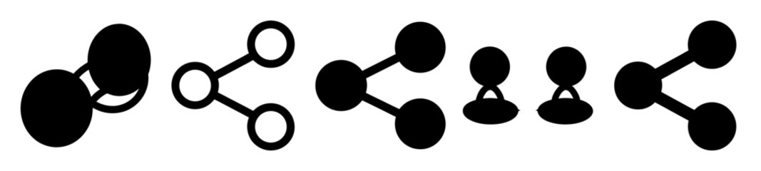 Five different variations of share symbol icons, black shapes on white background