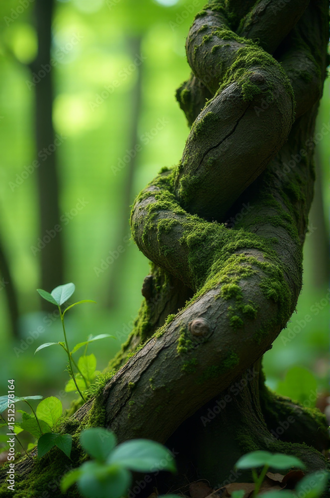 Poster A close-up of a tree trunk overgrown with moss in a forest environment