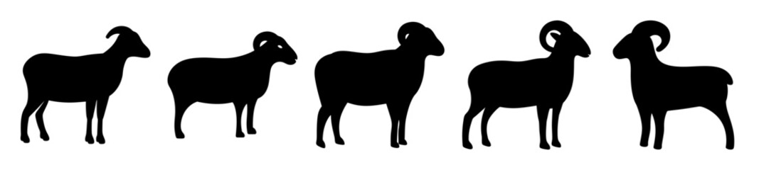 A line of five black sheep silhouettes exhibiting diverse horn shapes