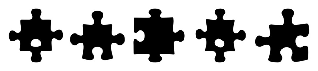 Five Unique Black Puzzle Pieces Isolated on a Clean White Background Display