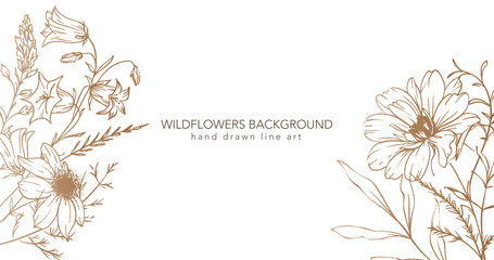 Trendy floral wildflowers and leaves line art illustration. Botanical Line Art Collection of wildflowers. Hand drawn line art graphics. Luxury Fine Line Floral Art. Perfect for Elegant wedding invite