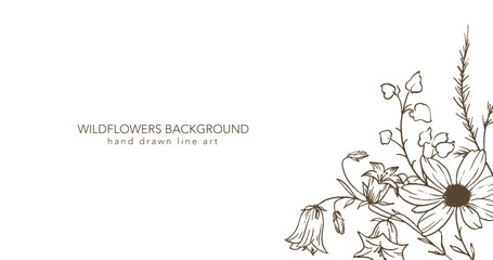 Trendy floral wildflowers and leaves line art illustration. Botanical Line Art Collection of wildflowers. Hand drawn line art graphics. Luxury Fine Line Floral Art. Perfect for Elegant wedding invite