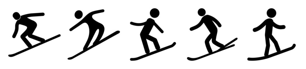 Five black stick figure illustrations of a person snowboarding in various poses