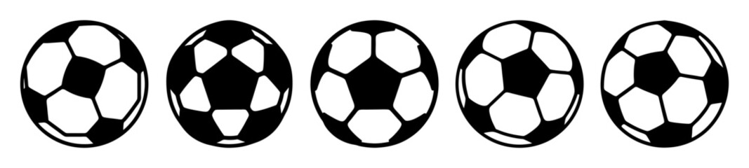 A row of classic black and white soccer ball vector icons