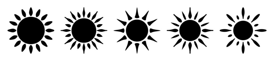 Fototapeta premium Five sun icons showing different stylistic variations, black silhouettes on white background