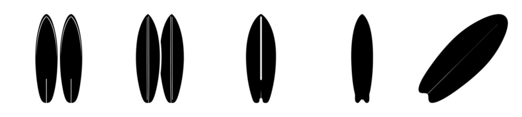 Various Perspectives of Black Surfboards on a White Background with Different Shapes