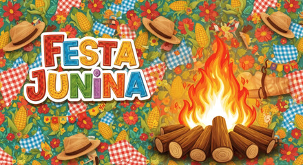 Naklejka premium Colorful Festa Junina, são joão, background with straw hats, corn, bonfire and checkered flags for Brazilian June celebration