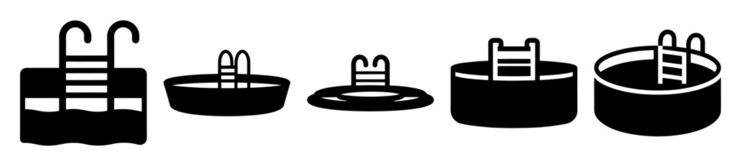 A collection of diverse swimming pool icons representing different types and styles