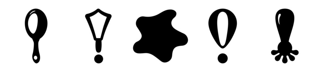 Collection of playful exclamation point variations and miscellaneous black blobs on white background