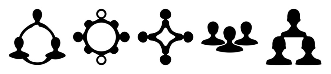 Various stylized human silhouettes in group formations representing organization and collaboration