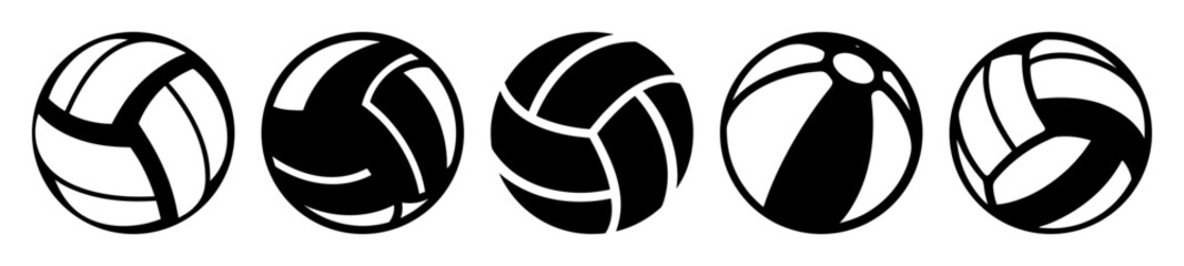 Five volleyballs in a row with a black and white design style