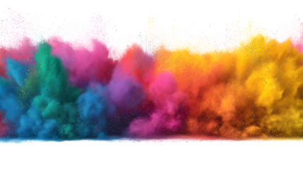 Explosive multicolor powder cloud, horizontal panoramic spread, festival holi paint particles. Creative abstract art element. Isolated on transparent background.