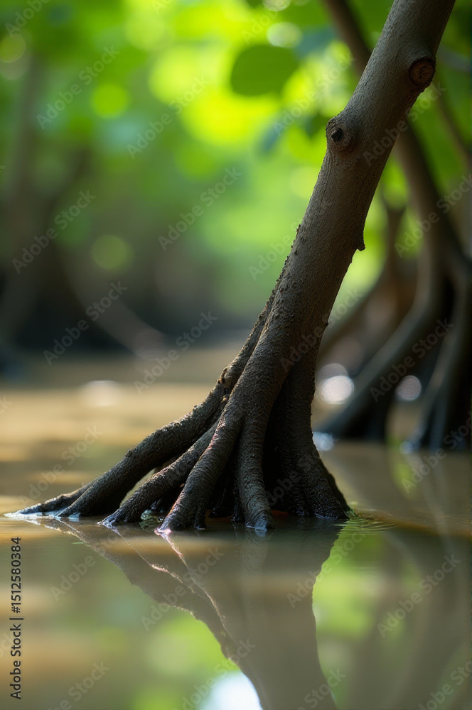 Poster A close-up shot of a tree trunk submerged in water, perfect for use as a background or texture image