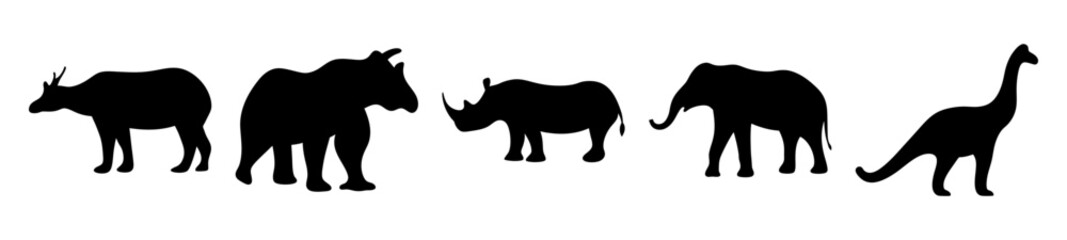 Silhouette Collection of Wildlife Featuring a Water Buffalo, Rhinos, Elephant and Dinosaur
