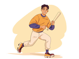 Smiling young man playing baseball, sporty character illustration