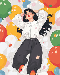 Relaxed woman surrounded by colorful balloons, festive illustration
