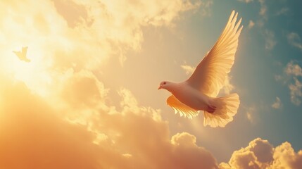 Radiant White Dove Gliding Through Sunbeams in a Cloudy Sky