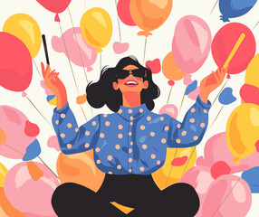Happy woman celebrating with balloons, colorful festive illustration