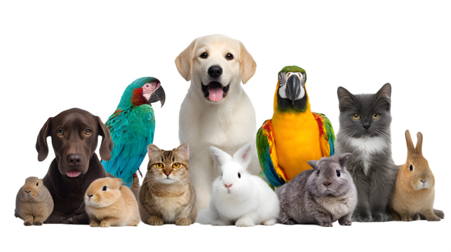 Large and diverse gathering of various domestic animals including dogs, cats, parrots, and a rabbit sitting together. Pet community concept. Isolated on transparent background.