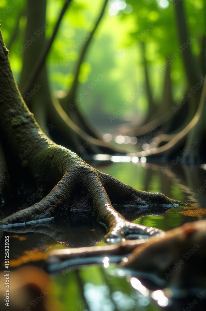 Poster a close-up shot of a tree trunk submerged in water, with intricate details on its bark and surroundi