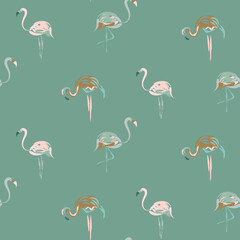 Seamless pattern of flamingo, stylized green background wallpaper texture. Tropical Hawaii shirt vector design