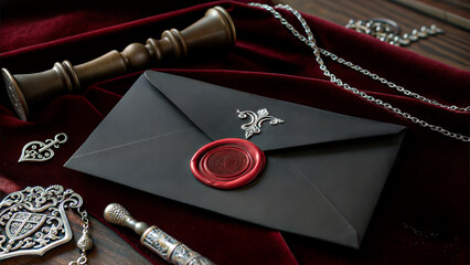 Black envelope with red wax seal on luxurious velvet with ornate jewelry
