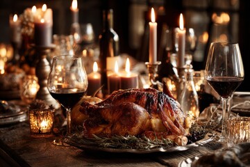 A close-up shot of a Thanksgiving dinner table with a roasted turkey and candles.