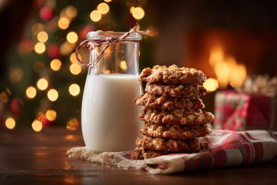 A warm and inviting holiday scene with cookies and milk, perfect for christmas.