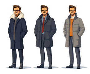 Stylish Men in Classic Overcoats and Suits Illustration Set