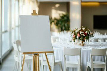 Blank easel stands in elegant banquet hall with floral decor with copy space
