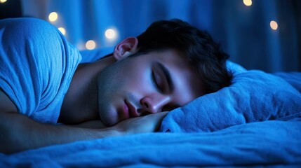 Serene Nocturnal Scene: Young Man Resting Peacefully in Cozy Bedroom Visibly Illuminated by Gentle Moonlight