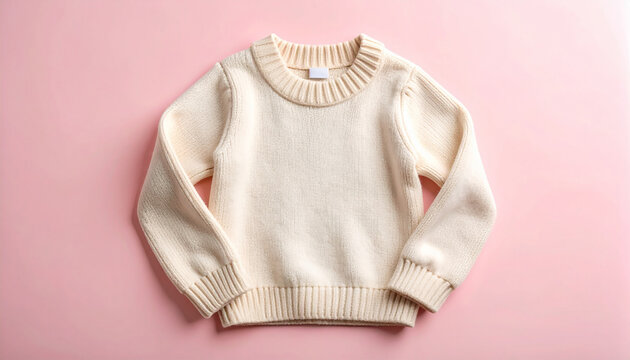 Cute beige cotton sweater for girl. Kids clothes on pink backdrop.