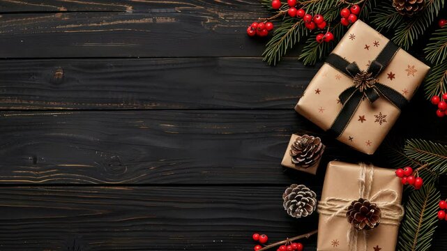 A festive and cozy holiday still life features gift-wrapped presents, pinecones, evergreen boughs, and red berries arranged on a rustic dark wood surface, creating a warm seasonal scene.