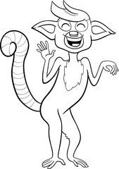 happy cartoon lemur primate animal character coloring page