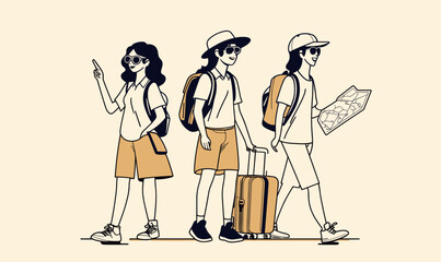 Adventurous friends Planning Trip with Map and Luggage